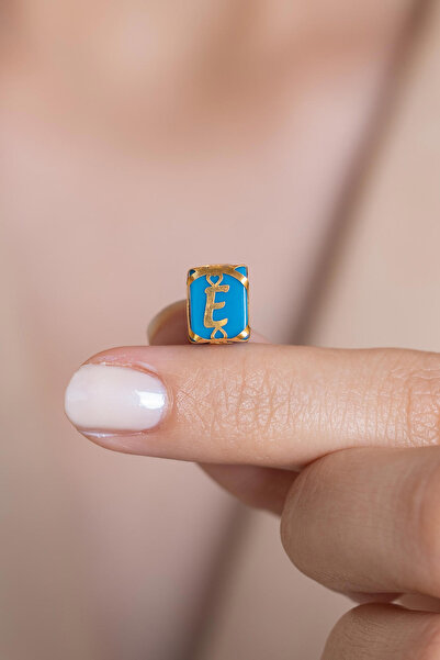 AMES GOLD KUYUMCULUK 14 Ayar Altın E Harfi Işıltısı Mavi Boncuk Charm