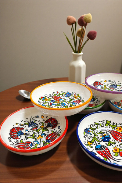 Salizera 6 Pieces of Ceramic Bowls with Tile Motifs - 13 cm Snack Bowls - Breakfast Bowls - Ethnic Kütahya Tile Patterned Gift