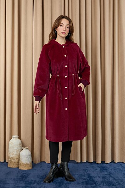 Puane Women's Tunneled Waist Hooded Long Fox Coat - 15234Kbn - Burgundy