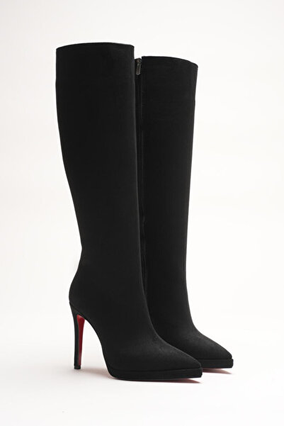 Ayakkabı Ateşi Γυναικείες μπότες με τακούνι με κοντή πλατφόρμα κάτω από το γόνατο Amazen Black Calf Suede