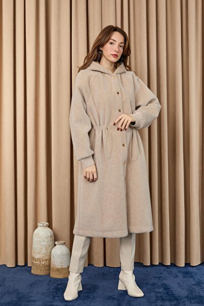 Puane Γυναικείο παλτό μακρύ Fox με κουκούλα με τέντελο στη μέση - 15234KBN - ΜΠΕΙΖ