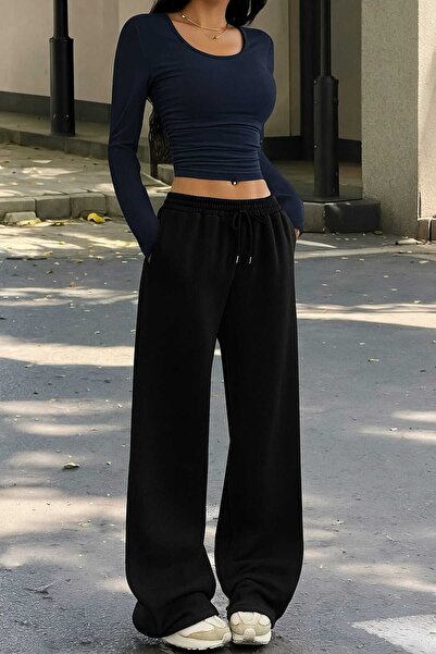 BERYY MODA Μαύρο Εποχιακό Φαρδύ Παντελόνι Φόρμας