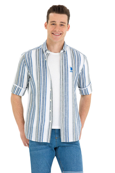 U.S. Polo Assn. Cămașă albă cu albastru cobalt dungi pentru bărbați