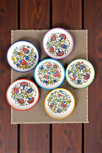 Salizera 6 Pieces of Ceramic Bowls with Tile Motifs - 13 cm Snack Bowls - Breakfast Bowls - Ethnic Kütahya Tile Patterned Gift