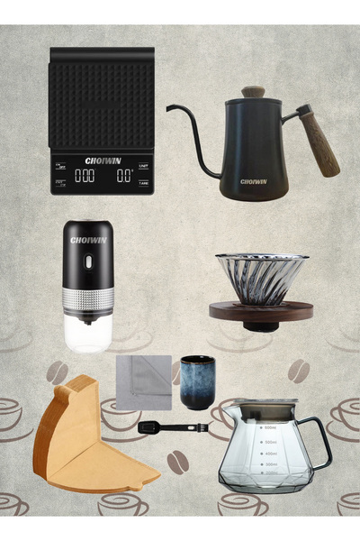 CHOIWIN مجموعة ماكينة القهوة V60 - مطحنة كهربائية، ماكينة قهوة بالتنقيط، ماكينة تحضير يدوية، غلاية، وملحقاتها