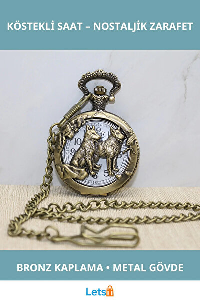 Letsii Kurt Tasarımlı Bronz Kaplama Nostaljik Köstekli Saat