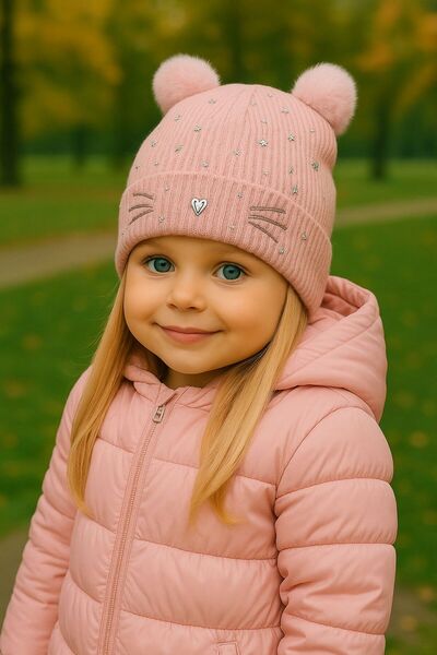 Trend Şapka 19004 Kedi Model Taş Baskılı Pembe Çocuk Beresi 3-7 Yaş