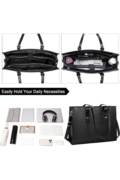 007 حقيبة كمبيوتر محمول JJ OJCL نسائية مقاس 39 سم - حقيبة كتف أنيقة من الجلد المقاوم للماء، لون أسود