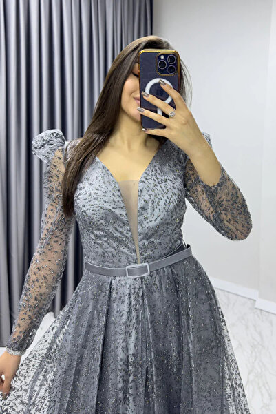 zks grup tekstil Γυναικείο βραδινό φόρεμα με κορδόνια και ζώνη σε γκρι, λιλά, ινδικό, μαύρο