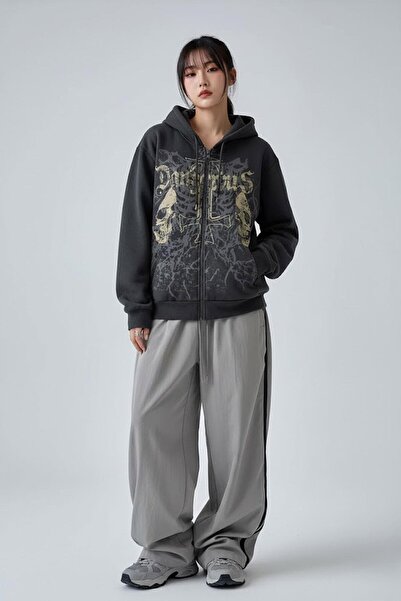 Karakedi Black Gothic Double Skull Harajuku Y2K Hooded Unisex Cardigan