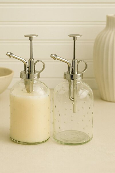 Anadolu Saray 2li Şeffaf Cam Dekoratif Pompalı Sıvı Sabunluk Detarjanlık Kahve Şurup ve Bitki Sulama Şişesi