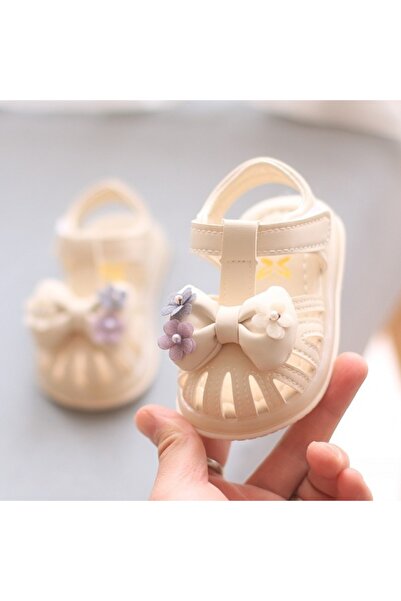 BebeNou Sandale ivory pentru fete, cu fundă 3D și flori