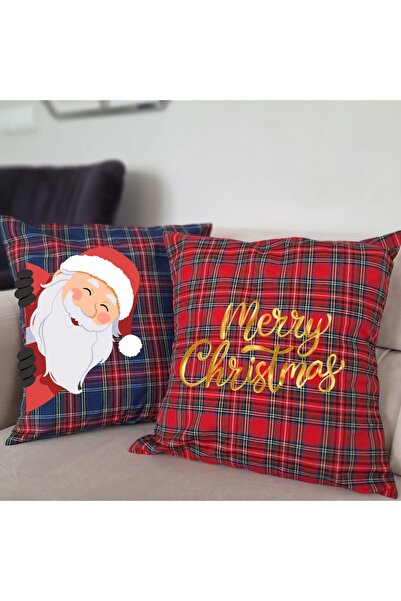 HANOVA CREATİVE Printed New Year Kirlent Cover Plaid Blue and Red 2-Piece New Year Christmas Noel