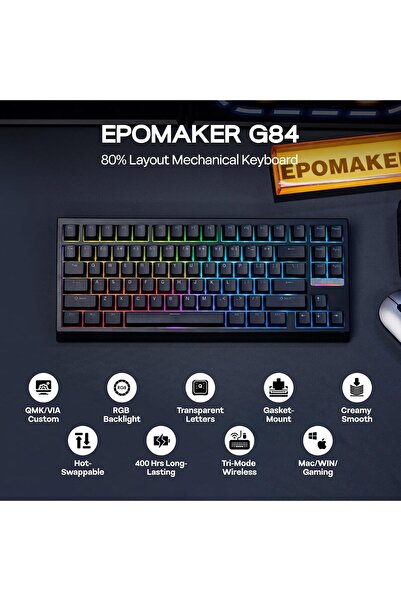 Epomaker G84 80% RGB Gaming Mechanical Keyboard (Black, Clear Switch)