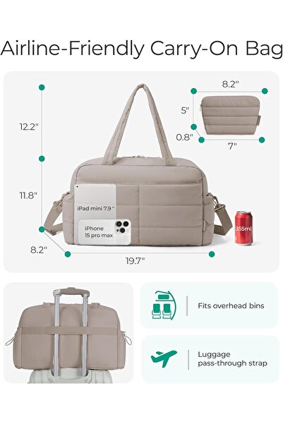 BAGSMART 31L Quilted Travel Duffel Gym Bag for Women with Toiletry Pouch, Wet Pocket - Camel