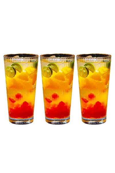 Atlas Mutfak New Design Striped Long Glass Cup, Soft Drink, Latte, Water Glas...