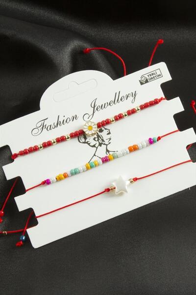 ZERO LAND LVSQVR 3 قطع سوار من الخرز المطلي بالمينا على شكل زهرة الأقحوان (142137) - أحمر