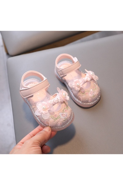 BebeNou Sandale roz cu broderie florală și perle pentru fete