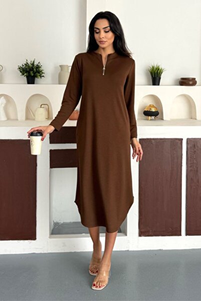 Ded COLLECTION Γυναικεία φούστα με μισό φερμουάρ με μακρύ μανίκι Οβάλ Midi Modal Φόρεμα