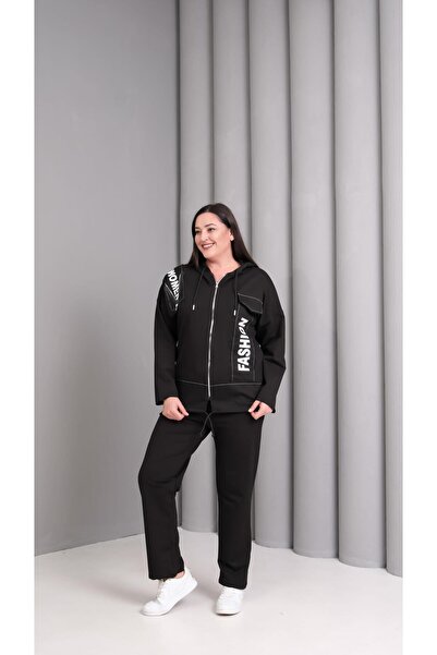 Ebsumu Γυναικείο Σετ Φόρμας Μεγάλου Μεγέθους Υφαντό Garni Λεπτομερές με κουκούλα Μαύρο Σετ Φόρμας