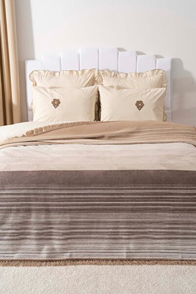 Rivaİstanbul Veloura Beige Double Tasseled Blanket