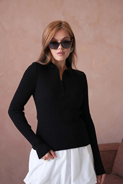 Park Karon Women's Polo Neck Zipper Detail Ribbed Knit Knitwear Sweater