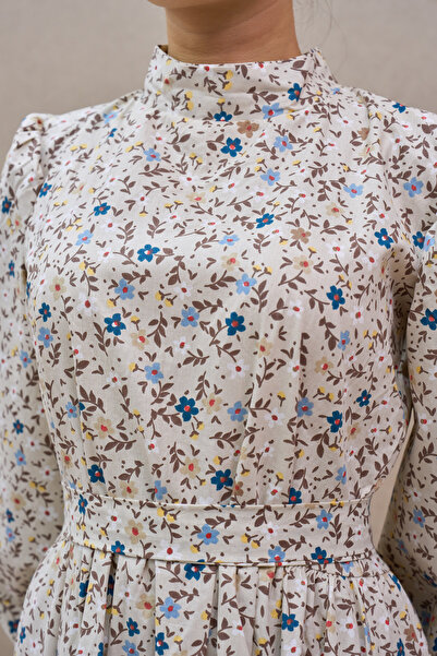 KÜÇÜĞÜM BUTİK Hijab-Friendly Grey-Brown High Neck Flared Women's Dress