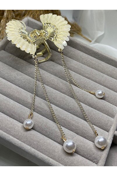Kaan Accessoire Luxury Gold Feather Wing/Angel Wing Pearl Dangle Rhinestone Hair Clip / Stylish Bun Clip