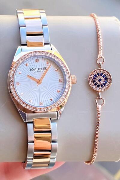 Tom Jones kadın kol saati roze gümüş çelik orjinal 3 atm su geçirmez 2 yıl ga...