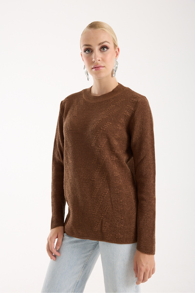 Moda Days Women's Brown Thessaloniki Knitted Crew Neck Glitter Knitwear Sweater