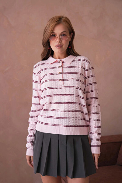 Park Karon سترة نسائية منسوجة بياقة بولو وتفاصيل خطية