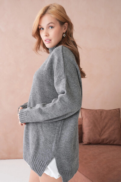 Park Karon Women's Half Turtleneck Slit Oversized Knitwear Sweater