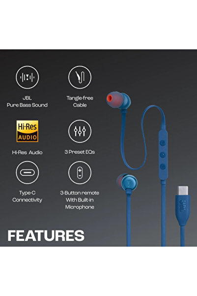 Generic Tune 310C Type-C Wired Earphones with Mic, Hi-Res Audio, Pure Bass, 3 EQ Presets, Blue