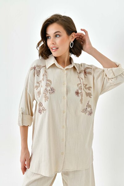 MVStore Embroidered Stone-Embellished Flam Linen Shirt