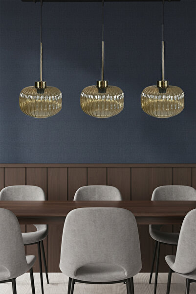 Bamyum Mola Üçlü Avize Bal Rengi Cam İnce Eskitme Başlık Retro Sarkıt Lamba Salon Aydınlatma