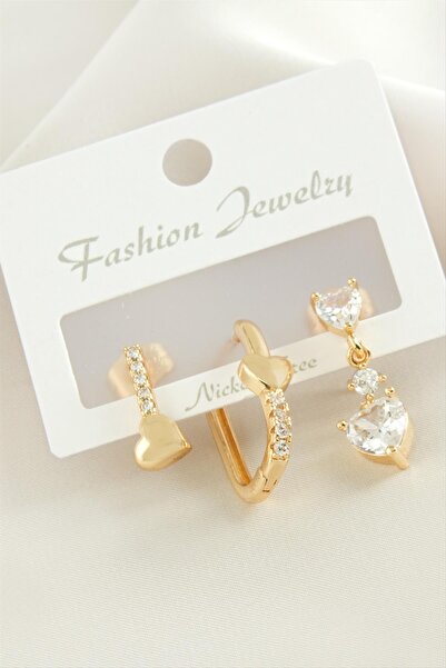 ZERO LAND LVSQVR 3 قطع حجر زركون على شكل قلب (95739) أقراط - لون فضي