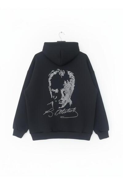 MOONBULL Unisex Atatürk ve Atatürk İmzası Taş Sırt Baskı Detaylı Kanguru Cepli Oversize Kapüşonlu Sweatshirt
