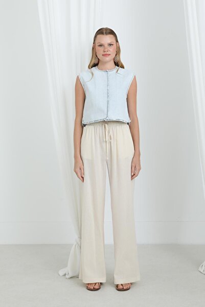 Soul Women's Elastic Waist Wide Leg Trousers -32331Pnt - Beige