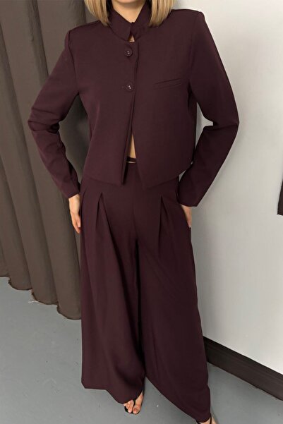 Ded COLLECTION Women's Crop Blazer Jacket and High Waist Wide Leg Pleated Waist Detail Pants Set