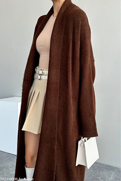 Vaveyla Women's Brown Shawl Collar Long Knit Cardigan | Oversized & Comfortable Model