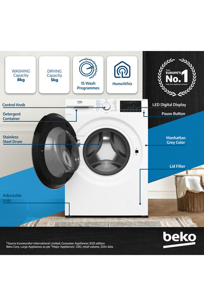 Beko غسالة ملابس سعة 8 كجم مع مجفف سعة 5 كجم، 1400 دورة في الدقيقة، 15 برنامجًا، ضوضاء منخفضة، خاصية SteamCure، WD8514W (أبيض)