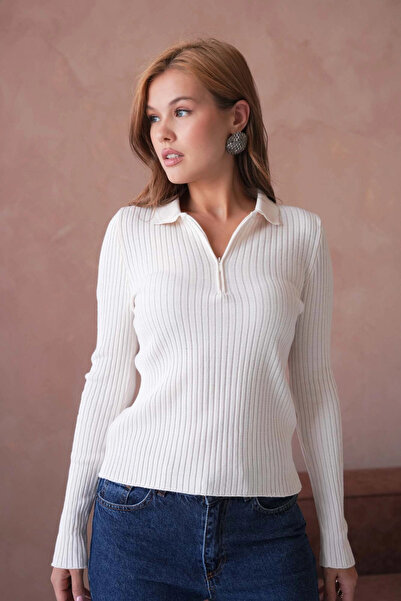 Park Karon Women's Polo Neck Zipper Detail Ribbed Knit Knitwear Sweater