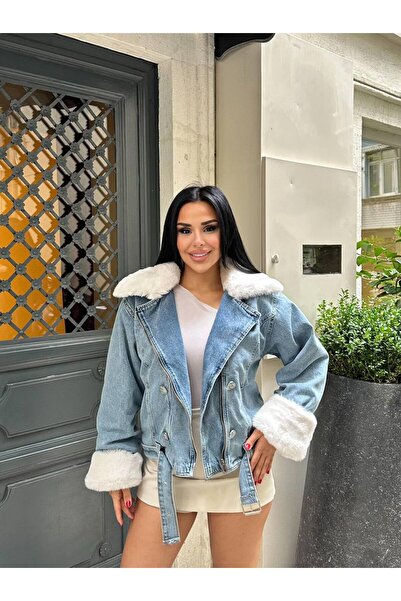 Lady Pixie Palton din denim cu guler și mâneci din blană, cu centură