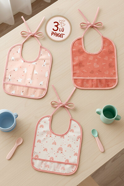 HAMUR Proof 3-Piece Liquid Waterproof Baby Bib Mouth Wiping Wipes with Tie 3 Pieces Salmon Group 6-24 Months