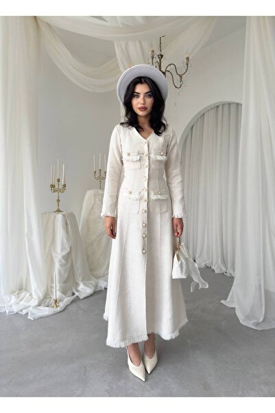 EtikaOnline Düğme Detaylı Tüvit Uzun Elbise