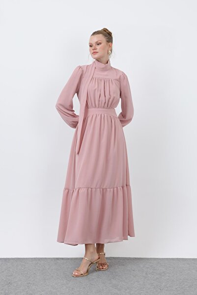 Puane Kadın Drape Detaylı Yüksek Yaka Elbise - 12613ELB - POWDER
