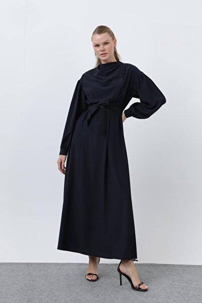 Puane Women's Belted Satin Dress - 12608Elb - Navy