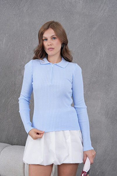 Park Karon Women's Polo Neck Zipper Detail Ribbed Knit Knitwear Sweater