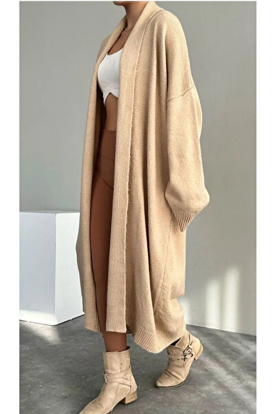 Vaveyla Women's Beige Shawl Collar Long Knit Cardigan | Oversized & Comfortable Model