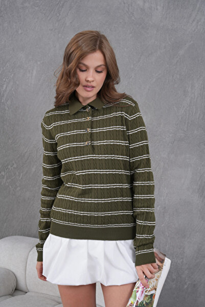 Park Karon سترة نسائية منسوجة بياقة بولو وتفاصيل خطية